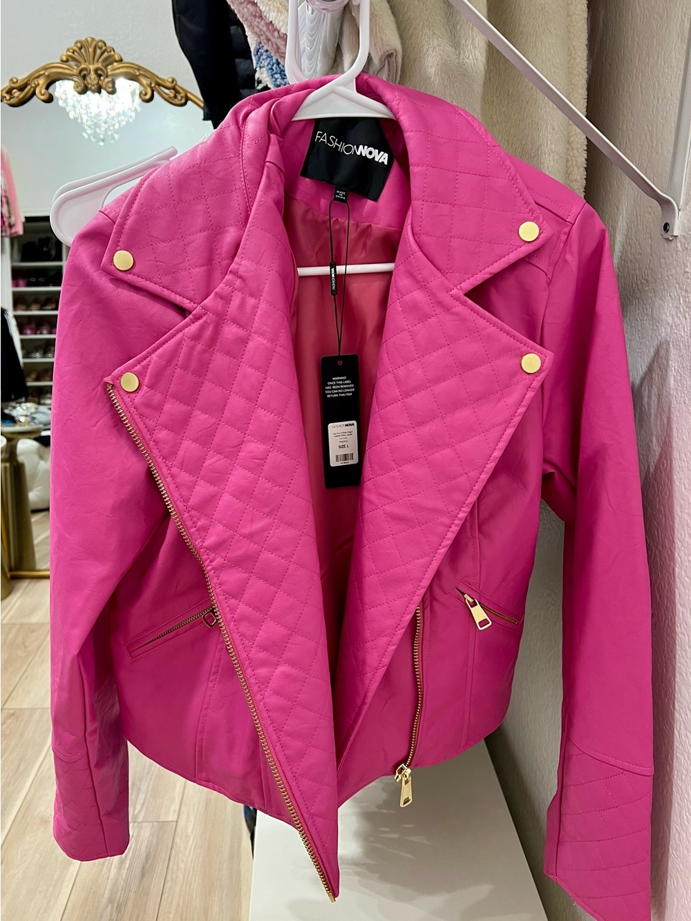 NWT Fashion Nova Hot Pink Quilted Faux Leather Jacket